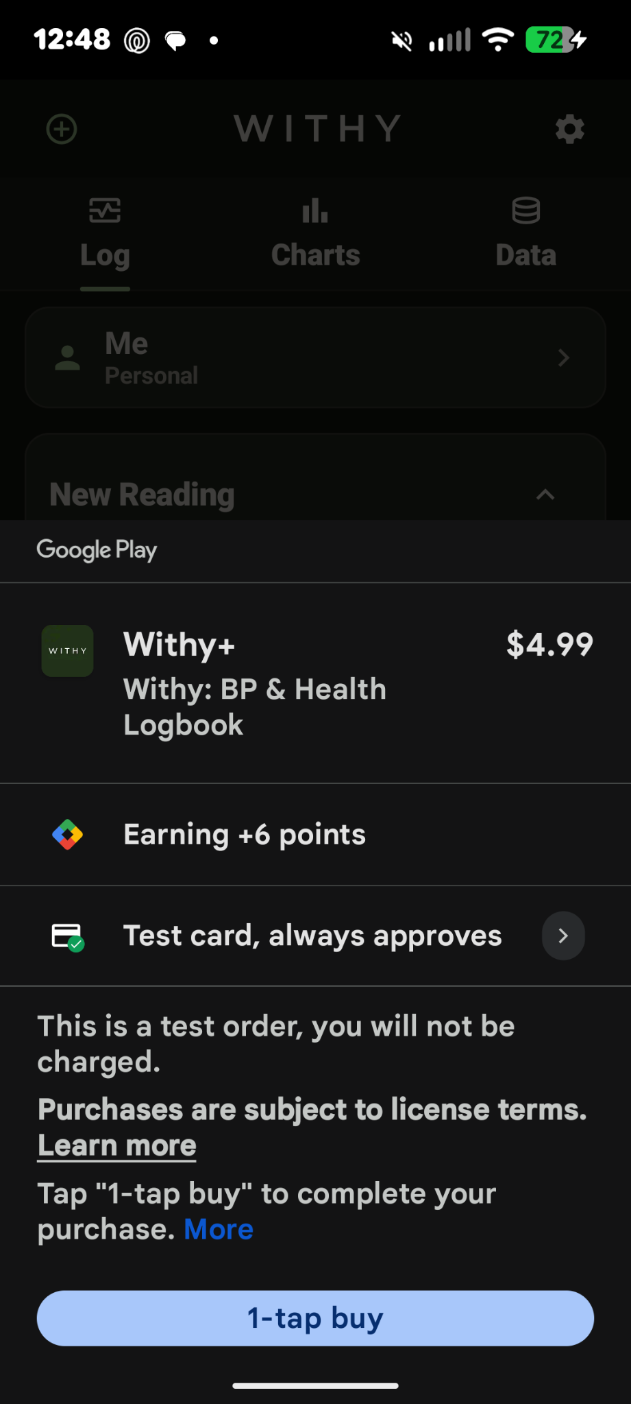 A Google Play purchase sheet for Withy+ reading "Test card, always approves" and "This is a test order, you will not be charged".