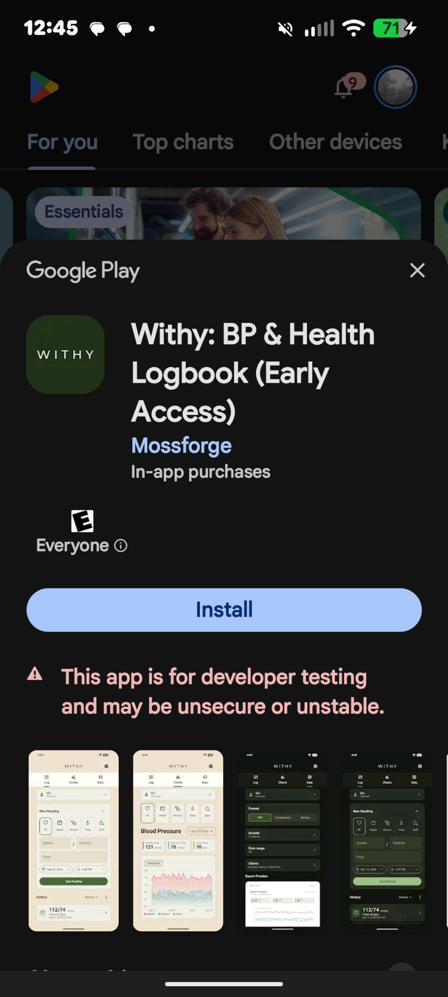 The Withy listing in the Play Store, titled "Withy: BP & Health Logbook (Early Access)" by Mossforge, with an Install button.