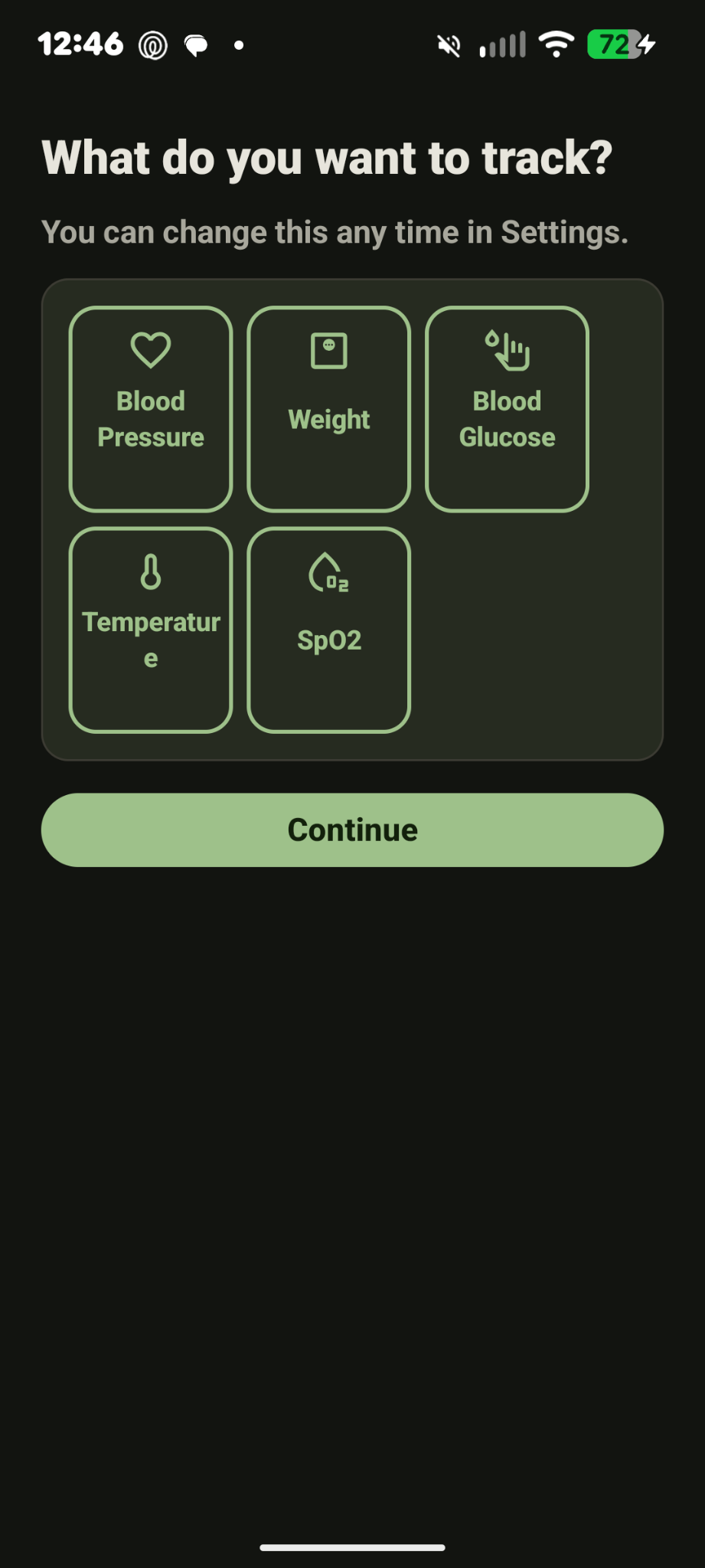 Withy on first launch, asking "What do you want to track?" with tiles for blood pressure, weight, blood glucose, temperature and SpO2.